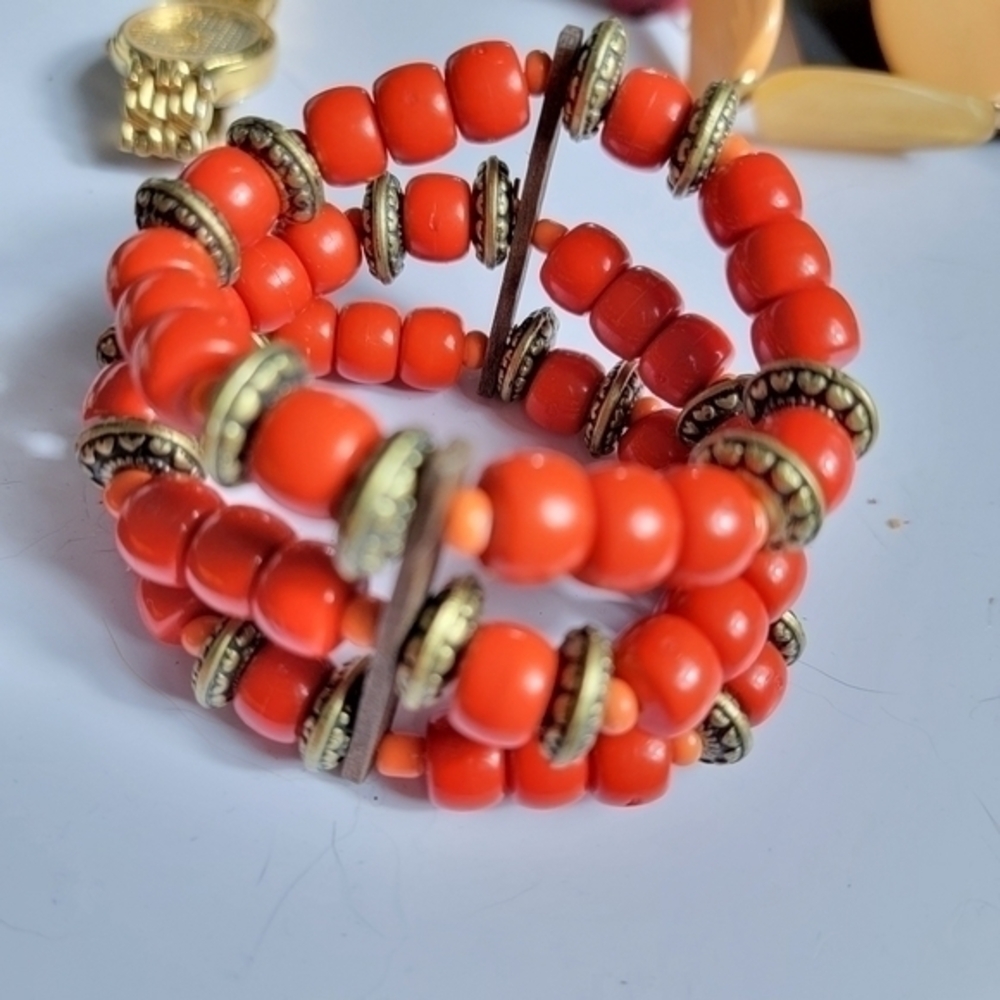 Boho‎ Tomato orange red layered beaded stretch Bracelet